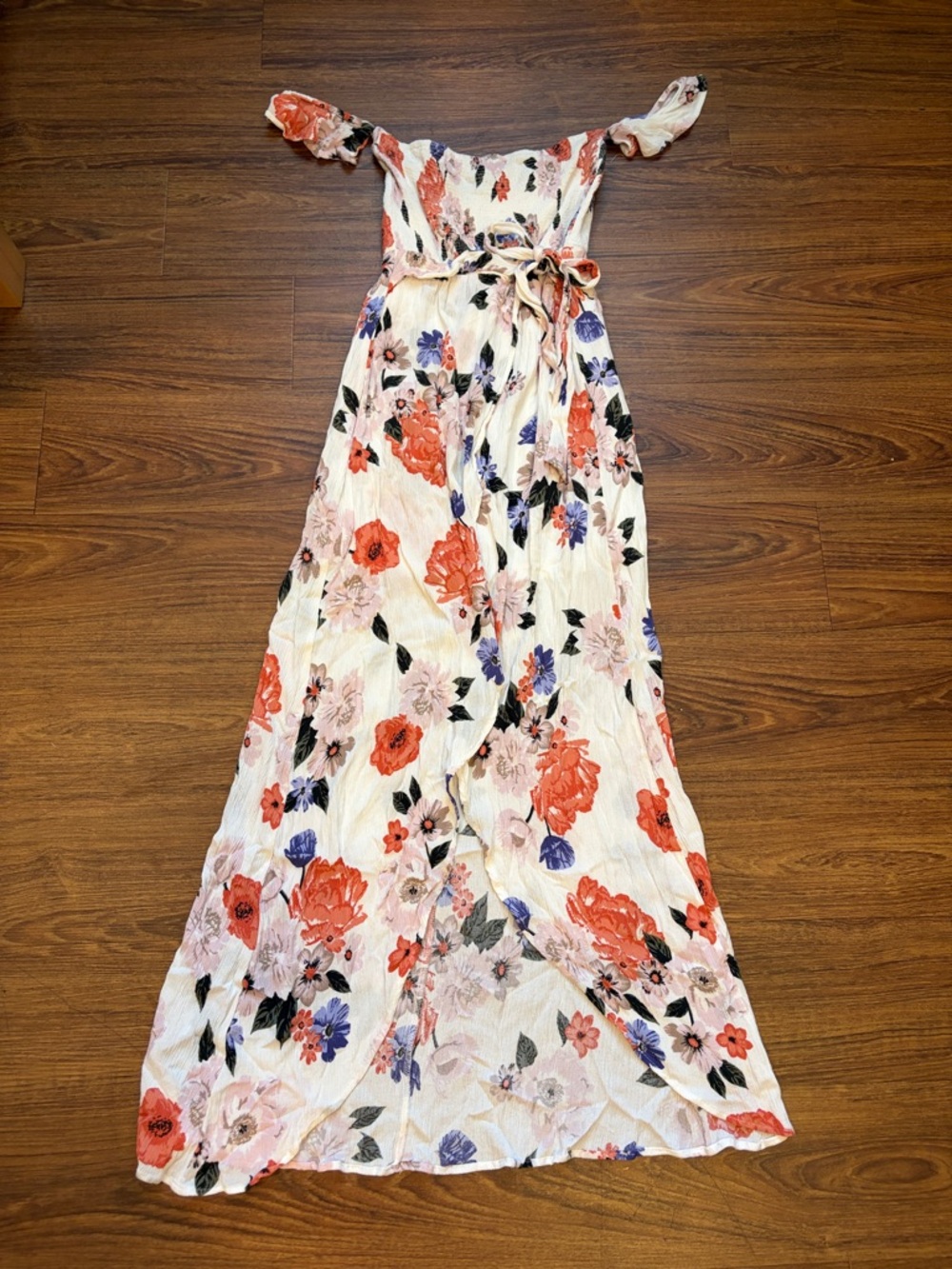 Floral Off-Shoulder Maxi Dress in Ivory with Coral and Blue Blossoms